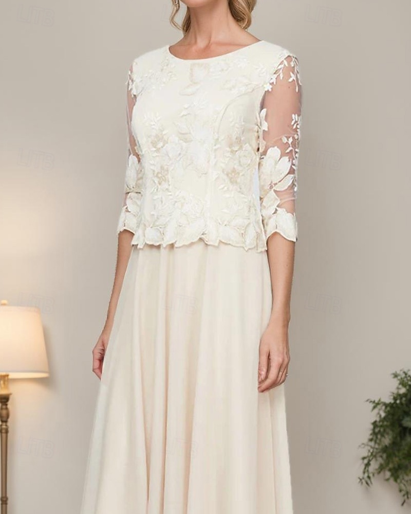 Robe Mère de la Mariée A-Line Élégante Simple Minimaliste Col Arrondi Longueur Thé Chiffon Dentelle Manches Mi-Longues avec Appliques en Dentelle Florale Robe Midi 2025 de 2025 ? $158.99 –P2