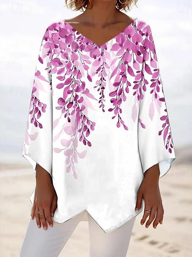 Dame Bluse Blomstret Grafisk Blad Hawaiisk Stilfull Fritid Langermet V-hals Vanlige topper Daglig Ferie Ut på byen Trykt mønster Rosa Blå Grønn Sommer Vår 2025 - $25.99 –P3