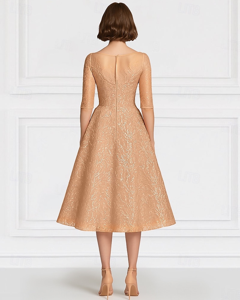 Robe mère de la mariée en A bleue élégante vintage illusion col longueur cheville en chiffon à demi-manches avec broderie de sequins de 2025 ? $148.99 –P4