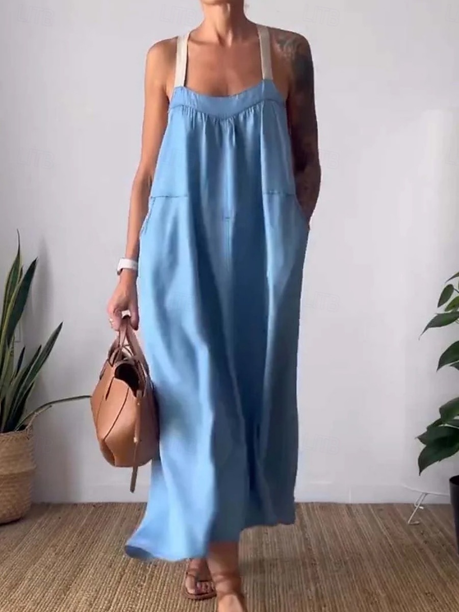 Maxi abito da donna abito estivo abito a sottoveste casual quotidiano vestibilità regolare grafico in lino simile senza maniche spalline nere bianche blu khaki estate del 2025 a $32.99 –P1