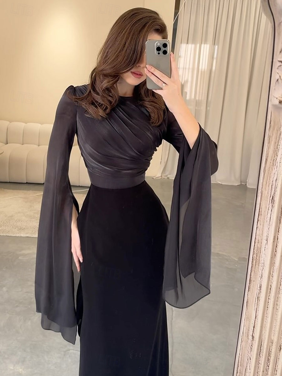 Sellő Trumpet Quinceanera Ruhák Elegáns Ruha Formális Esküvő Padló Hosszú Ujjú Crew Nyak Bársonyos Ráncokkal 2025 - $79.99 –P12