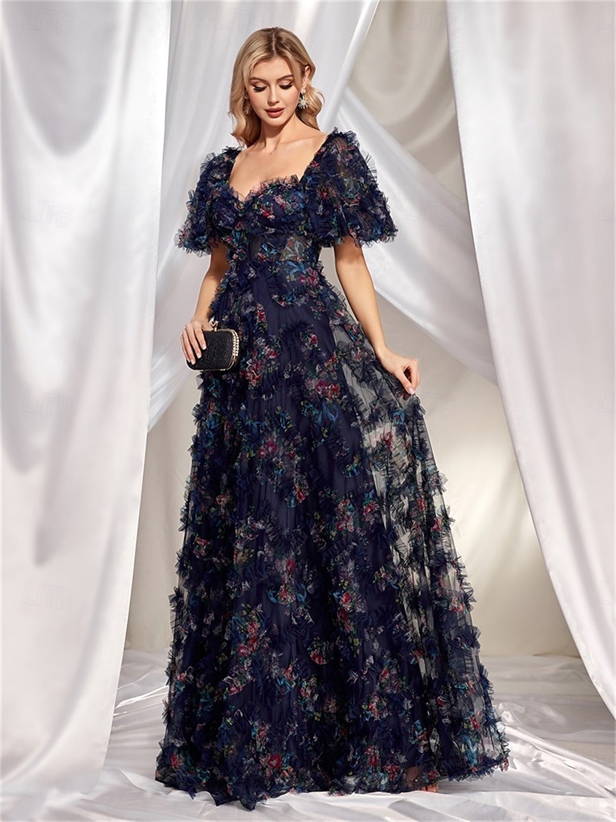 Rochii Invitată la Nuntă Rochie A-Line Corset Gât Îndulcit Mâneci Scurte cu Mâneci Burbă Lungime Podea Tulle cu Micro Volane 2025 - $189.99 –P6