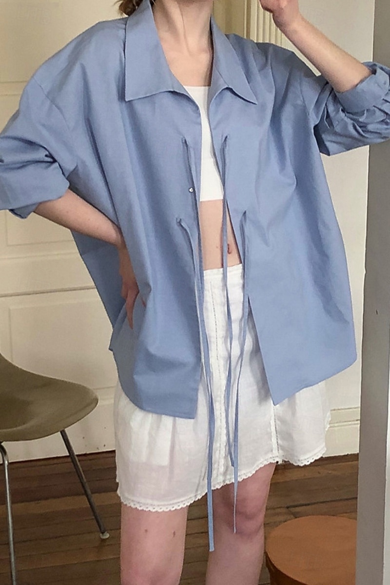 Femmes Chemise Boutonner Chemise en coton et lin Uni Rayé Élégant Moderne manche longue Col de chemise Hauts Réguliers Fête Sortir Nœud devant Blanche Bleu Bleu clair Été de 2025 ? $41.99 –P2