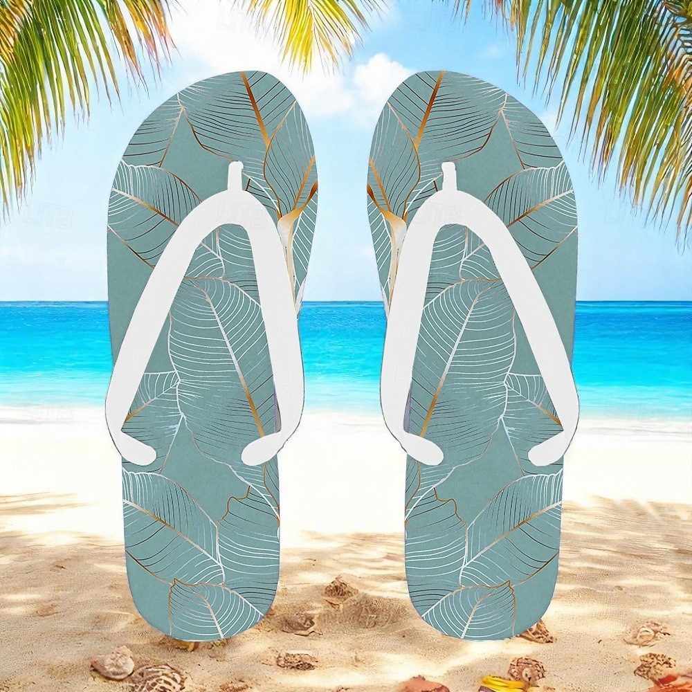 Men’s Blue Leaf Printed Flip Flops – Tropical & Stylish Style for Beach Vacations, Island Hopping & Beachside Dinners 2025 - $19.99 –P1