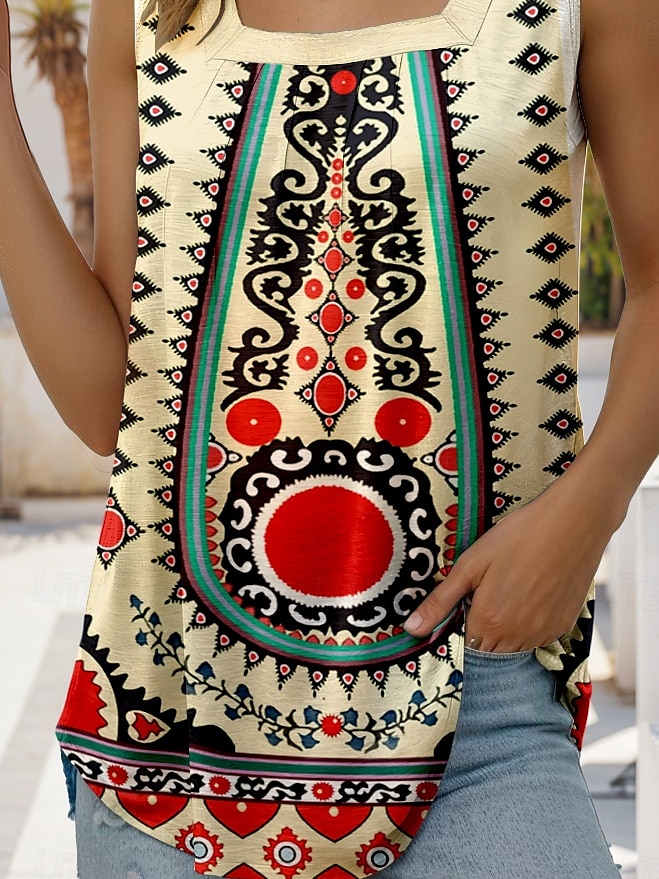 Dame Camisole Tank Top Grafisk Geometrisk Stilfull Fritid Ermeløs Firkantet hals Vanlige topper Daglig Ferie Ut på byen Rynket Broderi Trykt mønster Gul Sommer Vår 2025 - $17.99 –P3