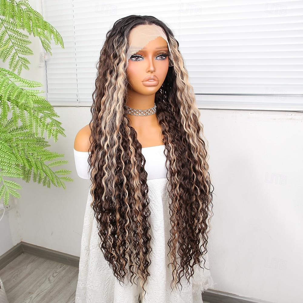 Syntetisk blonderparykk Dyp krøllete Stil 32 tommers Nyanse Midtdel 13x4x1 T Del Blonde foran Parykk Dame Parykk Lysebrun / rødbrun 2025 - $78.99 –P4