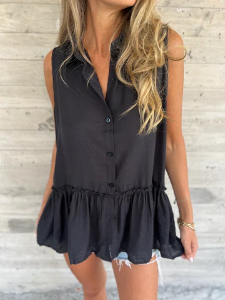 Dámská košile jednobarevná stylová příležitostná bez rukávů límec regular tops každodenní lněné volány knoflíky černá bílá světle modrá léto 2025 - $28.99 –P2