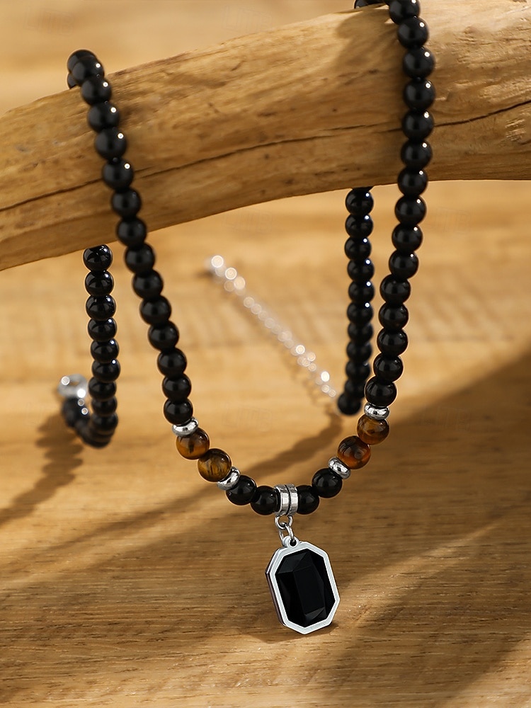 Men's Black Onyx Beaded Necklace with Tiger Eye Accents and Silver Pendant – Stylish Gift for Casual and Formal Occasions 2025 - $9.99 –P3