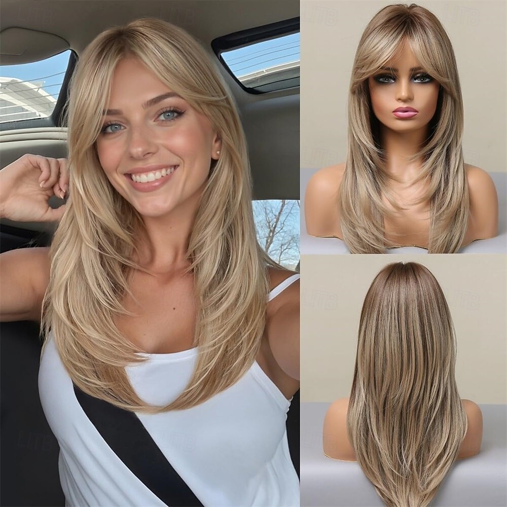 Parrucche castane ombré con frangia, lunghe e lisce, a strati, per donne, parrucche in capelli sintetici resistenti al calore del 2025 a $28.99 –P5