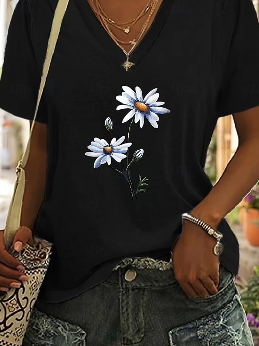 Femmes T-shirt Fleuri Graphique Plantes ancien Élégant Classique Manche Courte Col en V Hauts Réguliers Quotidien Week-end Imprimé Noir Gris Été Printemps de 2025 ? $19.99 –P7
