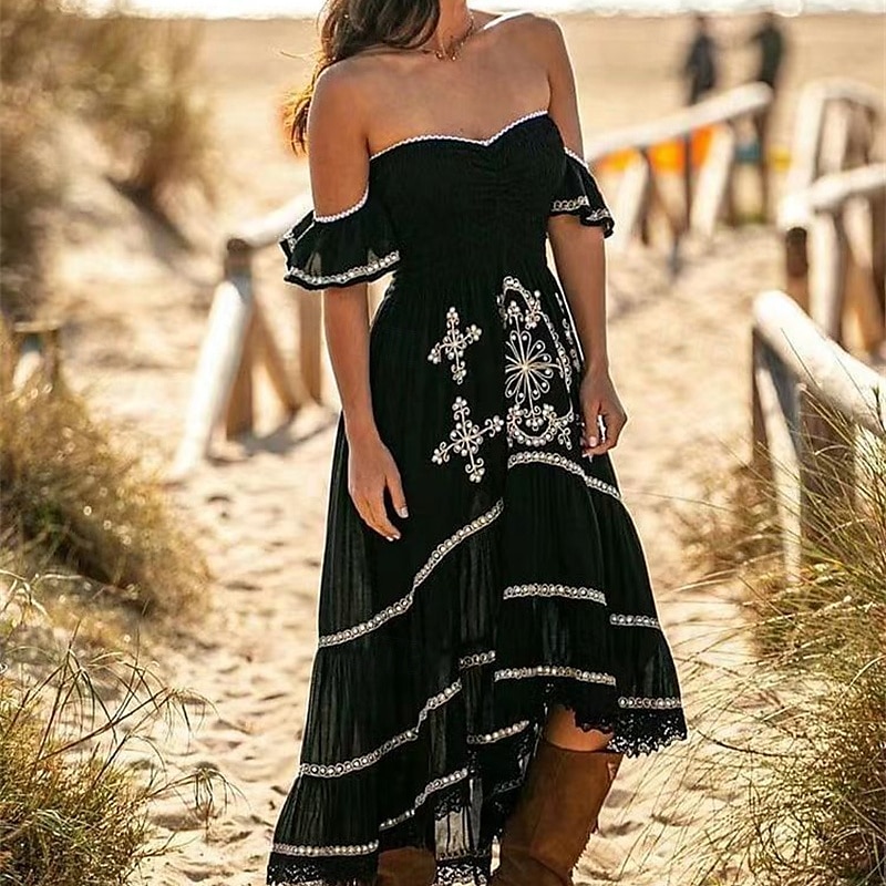 Damen Langes Kleid Maxikleid Freizeitkleid Sommerkleid Boho-Kleid Mode Outdoor Urlaub Party Normale Passform Geometrisch Ärmellos Trägerlos Schwarz Sommer Frühling 2025 - $31.99 –P1