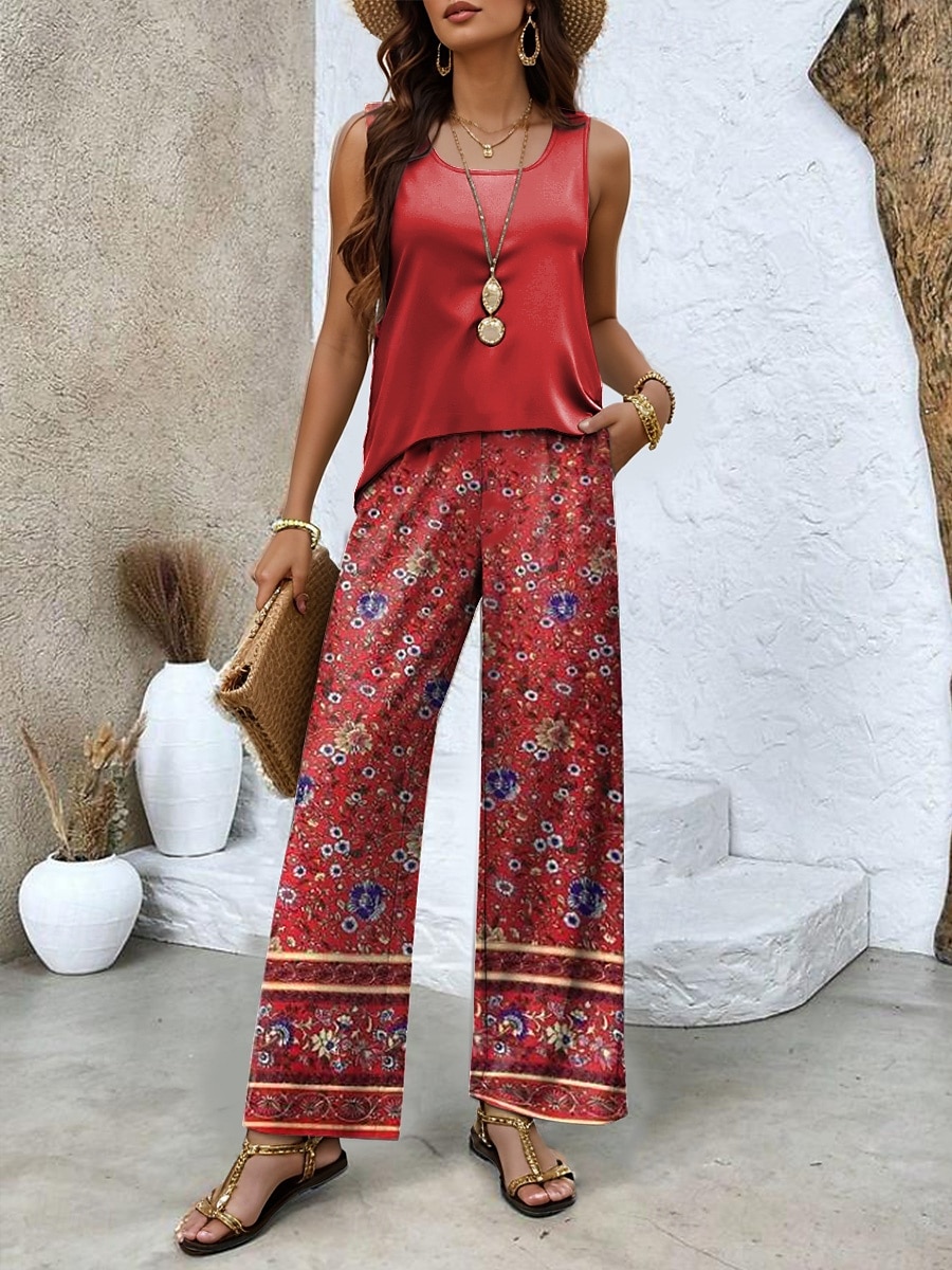 Women's Pants Sets Vacation Fashion Daily  Sleeveless Round Neck U Neck Floral Graphic Casual Daily Weekend Red Blue Purple Summer Regular Fit 2025 - $34.99 –P1