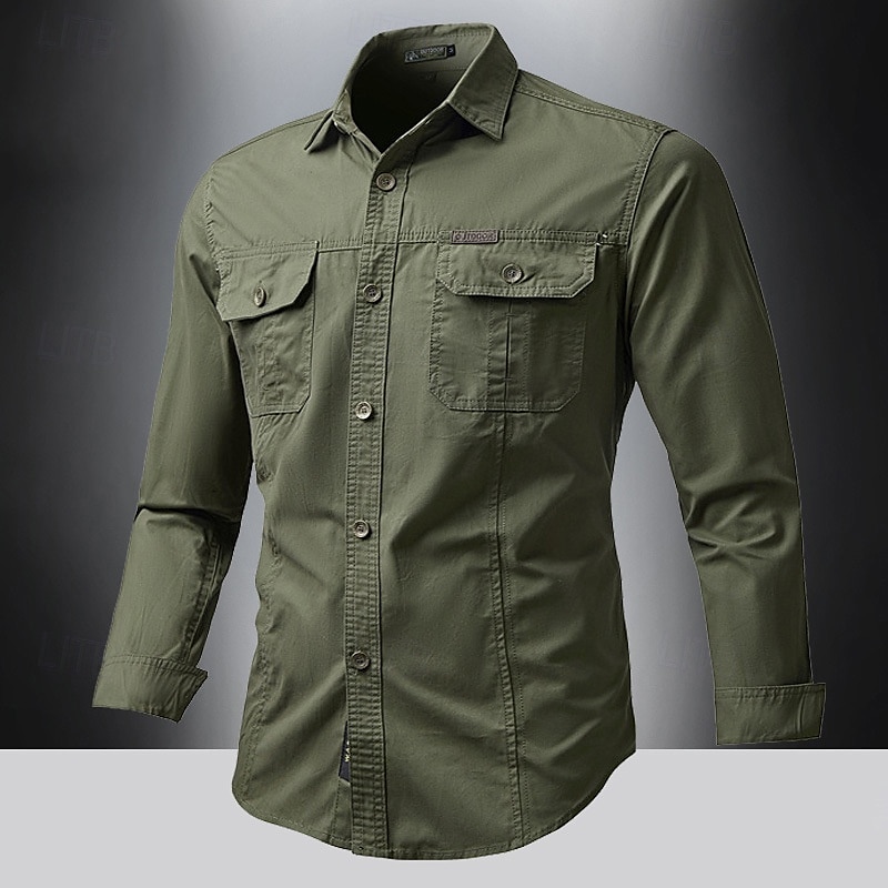 Men's Shirt Summer Shirt Casual Shirt Button Up Shirt Cargo Shirt Black White Red khaki Dark Blue Long Sleeve Plain Shirt Collar Vacation Hawaiian Pocket Clothing Apparel 100% Cotton Fashion Casual 2025 - $16.49 –P8