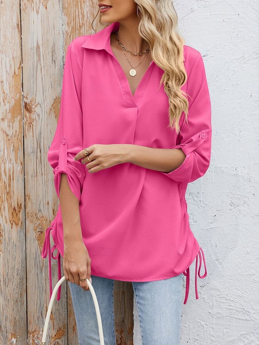 Dames Overhemd Blouse Effen Kleur Stijlvol Casual Lange mouw Overhemdkraag Normale tops Dagelijks Knop Zwart Wit Hemelsblauw Fuchsia Zomer Lente 2025 - $22.99 –P9