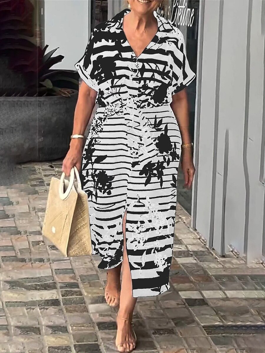 Femmes Robe maxi Robe trapèze Robe d'été Occasionnel Quotidien Coupe régulière Fleuri Graphique Rayé Manche Courte Col en V Noir Blanche Jaune bleu marine Été de 2025 ? $39.99 –P4