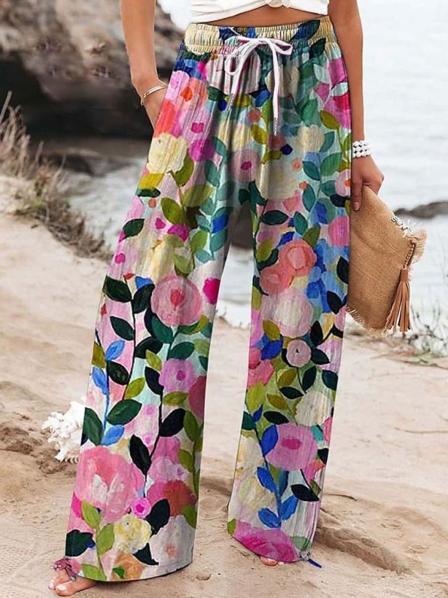 Pentru femei Picior Larg chinez Pantaloni largi Vacanță Modă De Bază Lungime totală Talie Înaltă Floral Grafic Imprimare Termic cald Respirabil Απαλό Micro-elastic Oficial Vacanță Stradă Roz 2025 - $24.99 –P2
