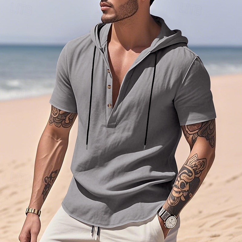 Herren Hemd Leinenhemd Popover-Hemd Freizeithemd Baumwollhemd Einfach Urlaub Straße Schwarz Weiß Gelb Marineblau Kurzarm Mit Kapuze Sommer Bekleidung Button-Down 2025 - $23.99 –P13
