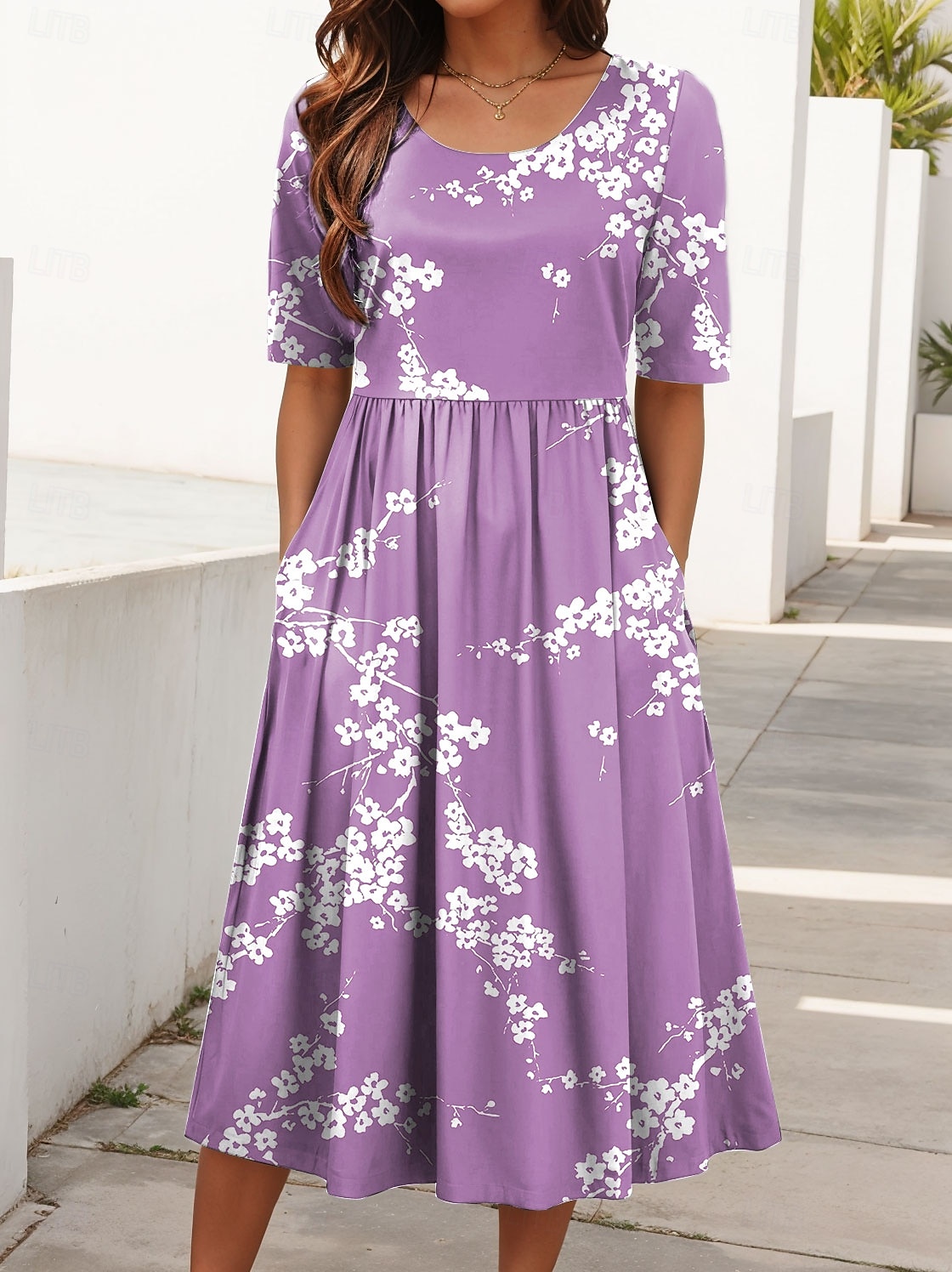 Damen Midikleid Sommerkleid Faltenkleid Urlaub Lässig Strand Täglich Ferien Normale Passform Blumen Grafik Kurzarm Rundhalsausschnitt Blau Purpur Grün Sommer 2025 - $31.99 –P4