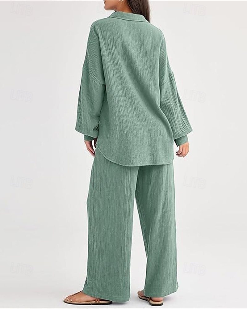 Dam Mode Streetwear Skjorta Tvådelade set Byxuppsättningar Långärmad Tröjkrage Ensfärgat Snörning Dagliga kläder Datum Svart Vin Armégrön Vår Normal 2025 - $38.99 –P12