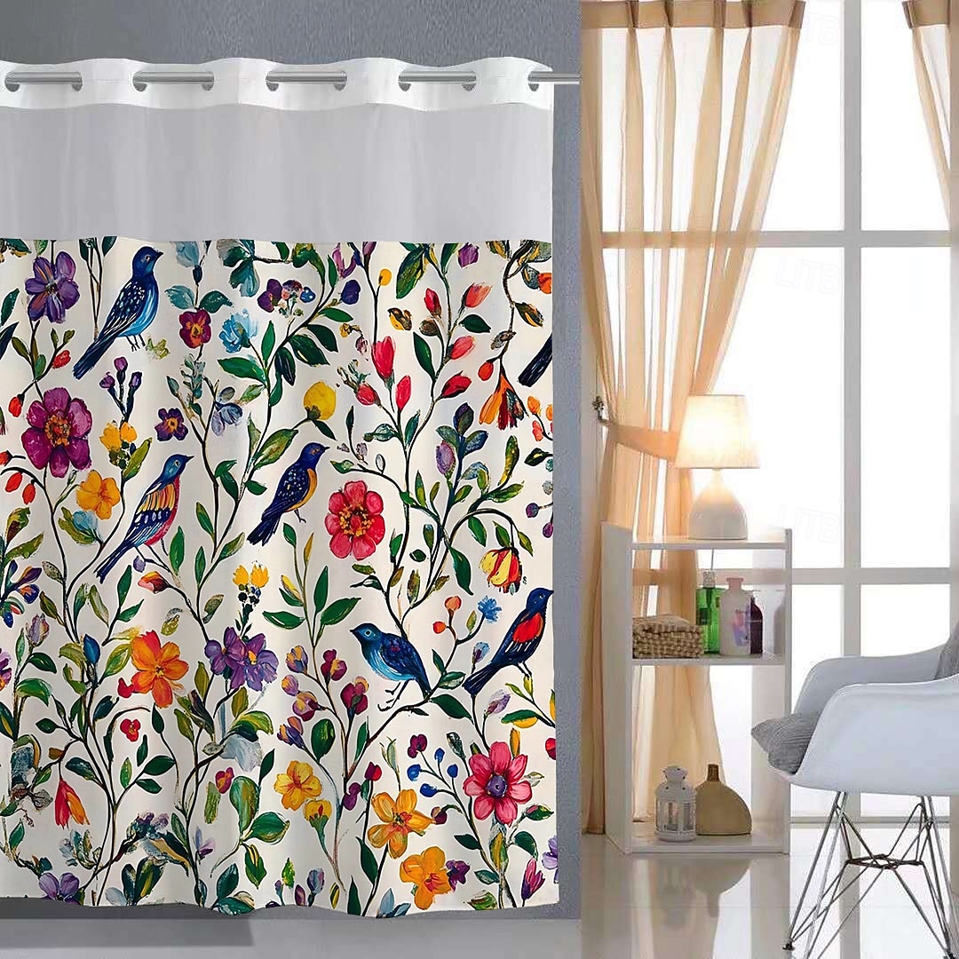 Κουρτίνα Ντους Χωρίς Γάντζους 180cm*180cm(70"*70") με Ενσωματωμένο Κέλυφος Πολυεστέρα Διαφανές Παράθυρο Αδιάβροχη Διπλή Κουρτίνα Μπάνιου με Λουλούδια και Πουλιά 2025 - $41.99 –P2