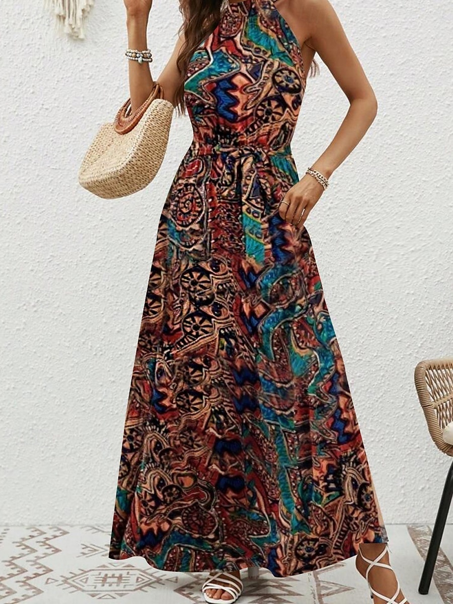 Dam Maxiklänning A linjeklänning Off Shoulder Klänning Semester Ledigt Boho Utomhus Utekväll Normal Grafisk Paisley Ärmlös Halterneck Blå Purpur Brun Aprikos Sommar 2025 - $29.99 –P3