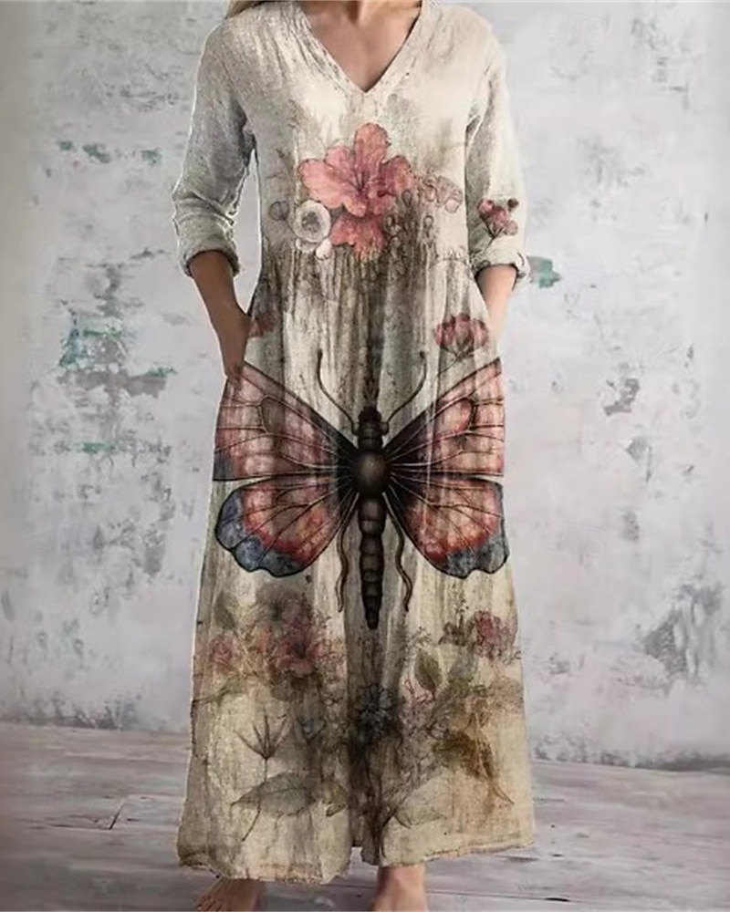 Dam Långklänning Maxiklänning Vardagsklänning Boho-klänning Elegant Mode Romantisk Utomhus Semester Helgdag Normal Fjäril Långärmad V-hals Kaki Sommar Vår 2025 - $27.99 –P1