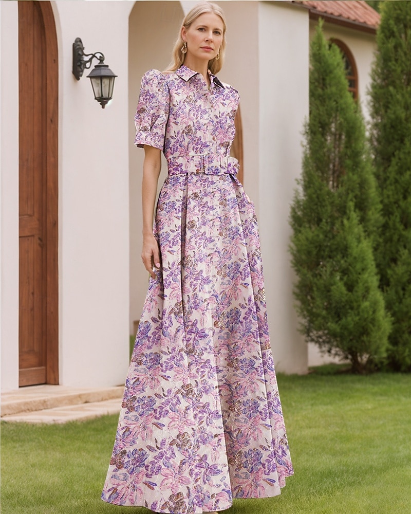 Jacquard Brokade Blomstret A-Linje Kvelds kjole Elegant Kjole Formell Bryllup Gulvlengde Kort Erme Skjortekrage Nylon med Splitt Lomme Bryllupsgjest Kjole 2025 - $148.99 –P4
