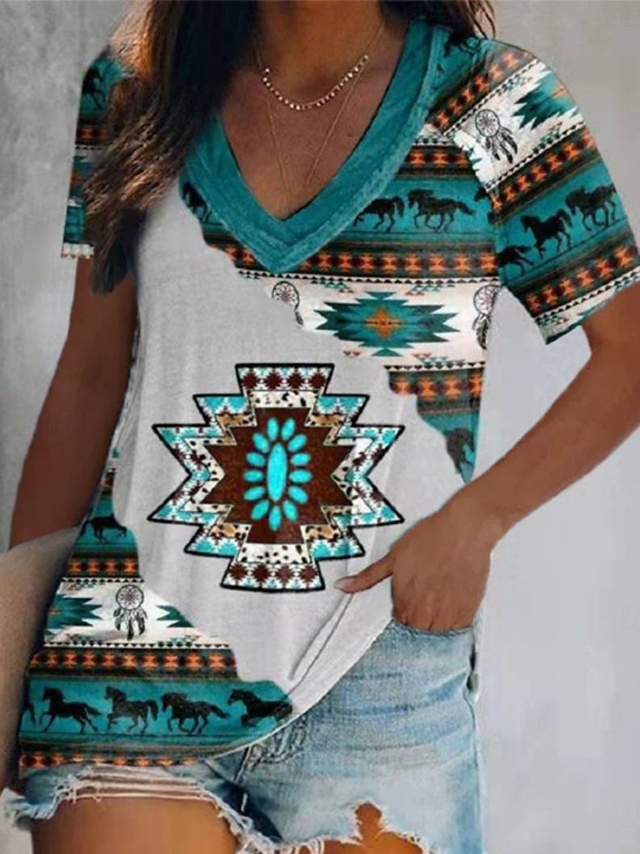 Femmes T-shirt Graphique Géométrique Bohème ancien Western Manche Courte Col en V Hauts Réguliers Quotidien Week-end Blanche Jaune Fuchsia Vert Été de 2025 ? $15.99 –P1