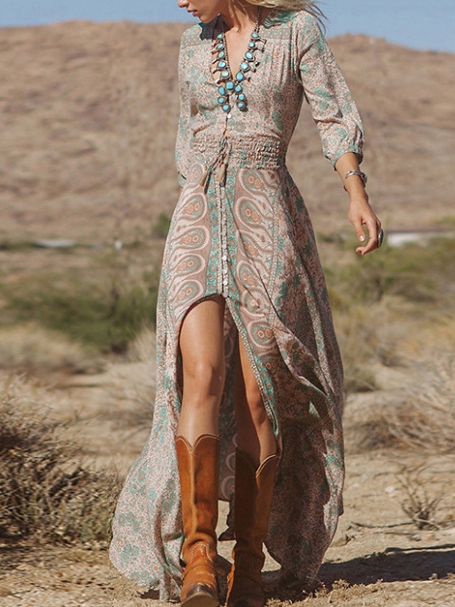 Robe Boho Femme Robe Western Robe Vintage Maxi Robe A Ligne Robe d'été Robe Casual Quotidienne Coupe Régulière Graphique Florale Manches 3/4 Décolleté en V Bleu Été de 2025 ? $32.99 –P1
