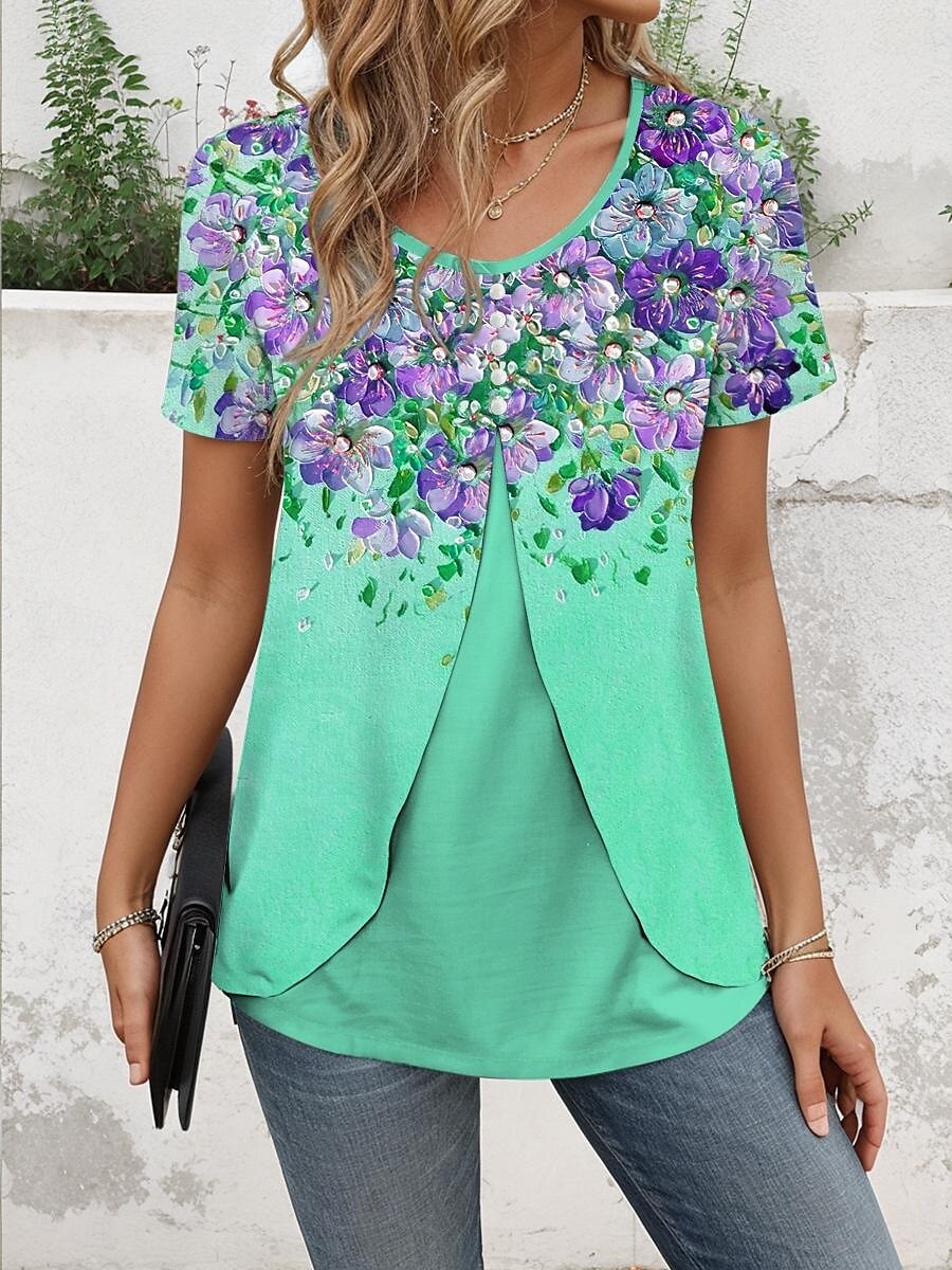 Femmes T-shirt Fleuri Graphique Élégant ancien Manche Courte Col ras du cou Hauts Réguliers Quotidien Sortir Patchwork Boutons À Étages Bleu Violet Vert Été Printemps de 2025 ? $23.99 –P5