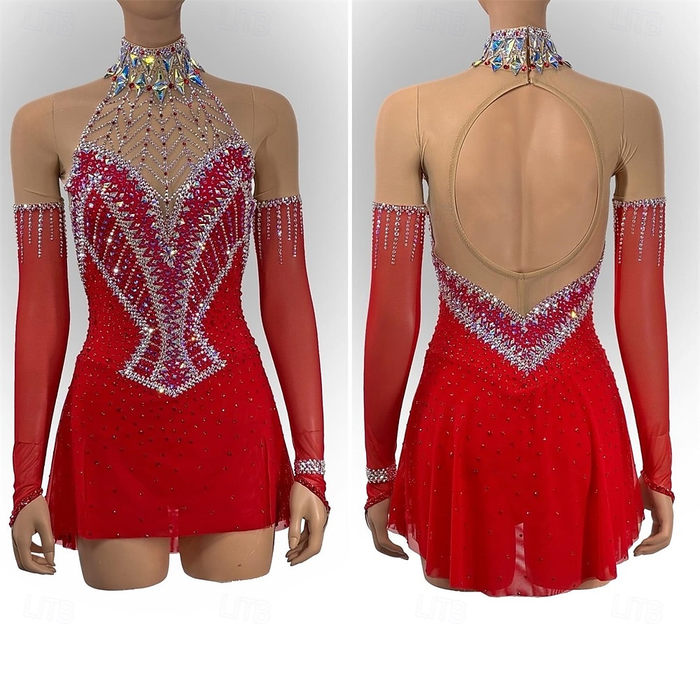 Figure Skating Dress Women's Girls' Ice Skating Dress Red Patchwork Open Back Mesh High Elasticity Training Competition Skating Wear Classic Crystal / Rhinestone Long Sleeve Ice Skating Figure Skating 2026 - $244.99 –P1