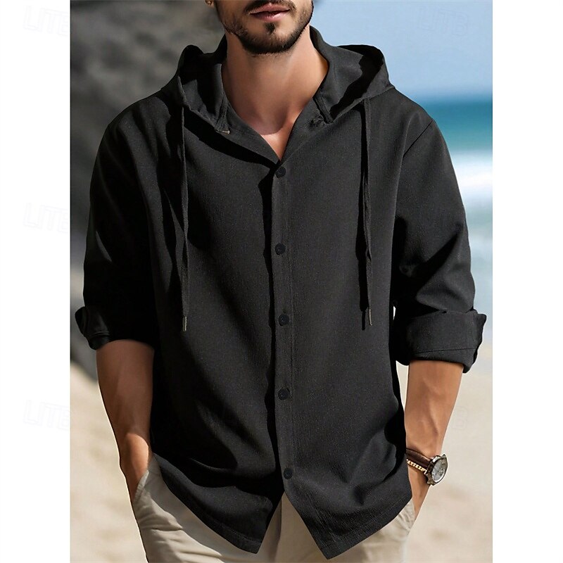 Men's Shirt Summer Shirt Casual Shirt Beach Shirt Button Up Shirt Black White Dark Navy Brown khaki Long Sleeve Plain Hooded Holiday Casual Daily Button-Down Clothing Apparel Polyester Fashion Casual 2025 - $27.99 –P8
