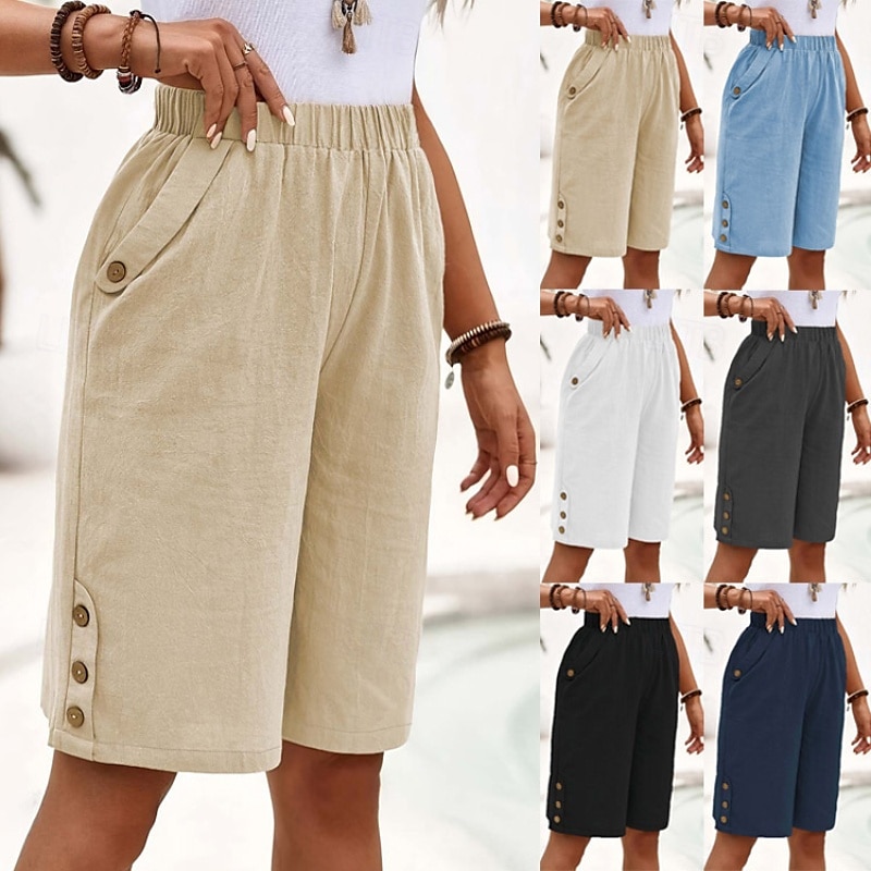 Women's Cotton Linen Shorts Shorts Crop Streetwear Casual Knee Length Natural Plain Pocket Elastic Waist Outdoor Comfortable Outdoor Going out Light Sky Blue Black White Dark navy Summer Regular Fit 2025 - $24.99 –P1