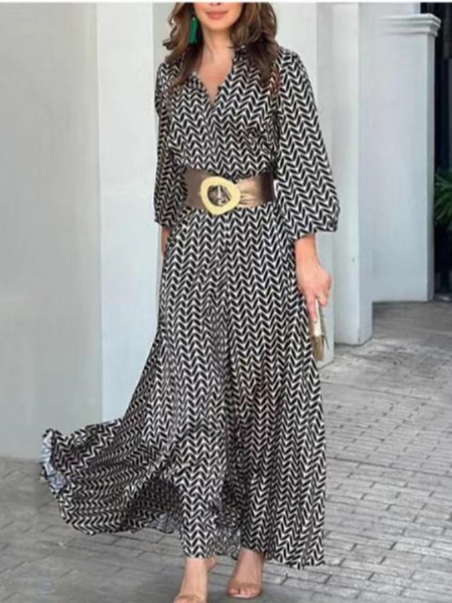 Damen Maxikleid Shiftkleid Figurbetontes Kleid Lässig Halbformelle Kleider Büro Normale Passform Grafik Geometrisch Langarm Hemdkragen Schwarz Sommer Frühling 2025 - $26.99 –P3