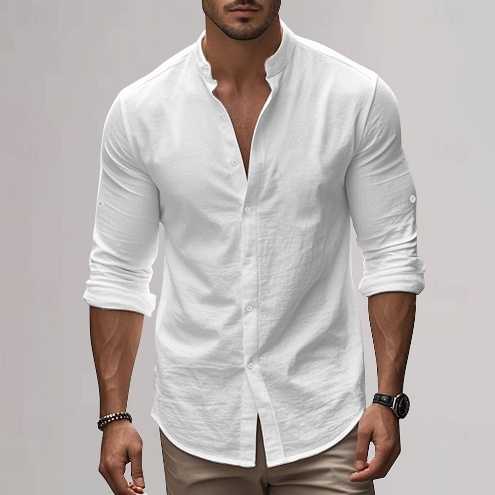 Men's Cotton Linen Shirt Plain Vacation Black White Khaki Dark Gray Long Sleeve Grandad Collar Clothing Apparel 2025 - $25.99 –P8