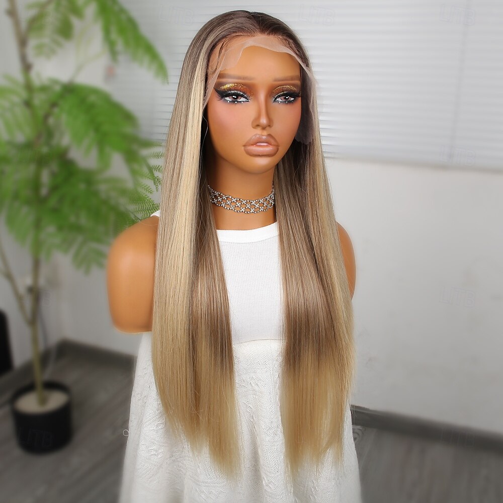 Perruque en dentelle synthétique Lisse Style 26 pouce Couleur mixte Raie au milieu dentelle frontale 13x4 Perruque Femmes Perruque A3 de 2025 ? $62.99 –P4
