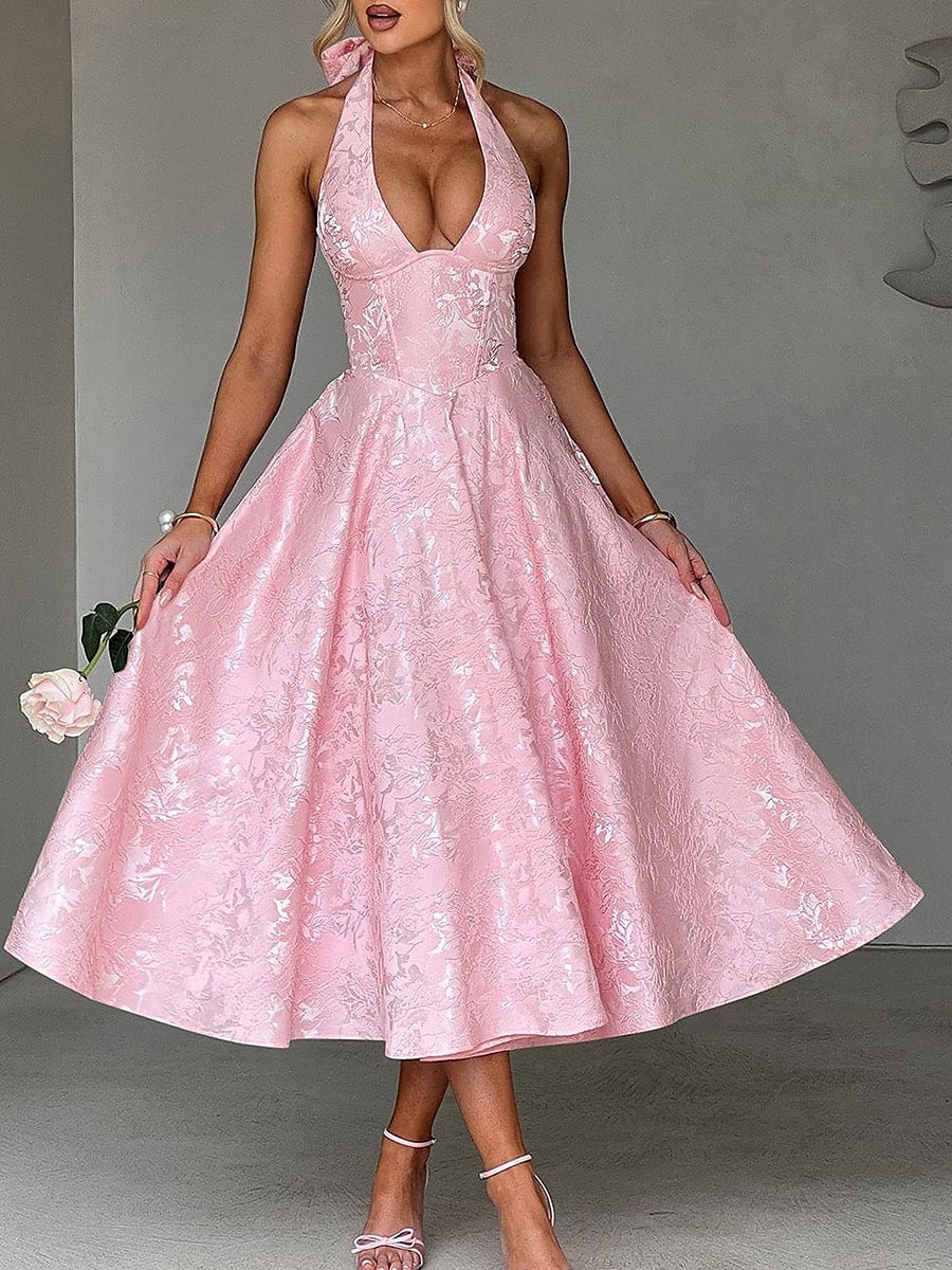 Rochie A-line Rochie Jacquard Rochie Semi-formală Rochie cocktail Lungime midi Fără mâneci Guler halter Fundiță Spate descoperit cu detaliu cu dantelă Rochie pentru invitați la nuntă 2025 - $79.99 –P1