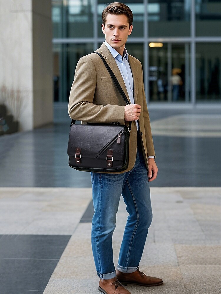 Men's Faux Leather Messenger Bag – Vintage Business Shoulder Bag with Adjustable Strap and Buckle Detail, Professional Briefcase for Office, Work and Travel 2025 - $39.99 –P1