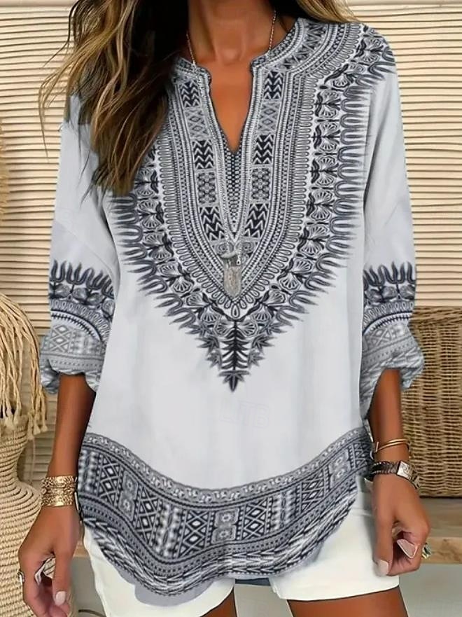 Dames Boho Blouse Grafisch Geometrisch Paisley Elegant Bohemia Vintage Lange Mouw V-hals Regular Tops Dagelijks Print Zwart Blauw Lichtgrijs Beige Zomer Lente 2025 - $24.99 –P3