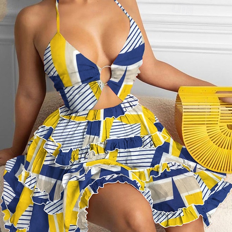 Femmes Mini Robe Robe à Volants Robe Fleurie Robe Imprimée Mode Extérieur Vacances Sortir Coupe régulière Fleur Sans manches Col Halter Jaune Rose Claire Rouge Vert Été de 2025 ? $25.99 –P10