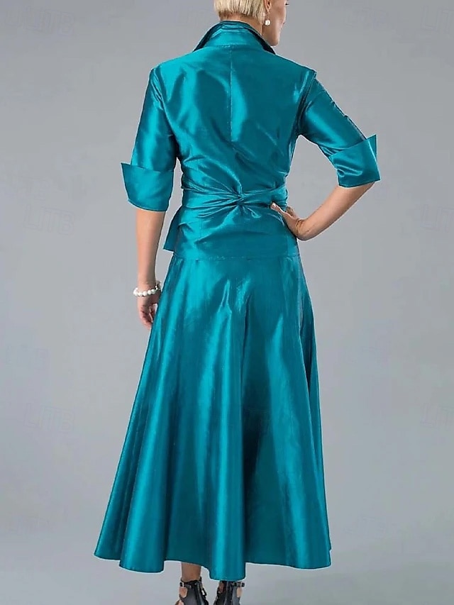 Twee Delige A-lijn Moeder van de Bruid Jurk Elegante Simpele Minimalistische Overhemdkraag Enkellengte Satijn Polyester Halve Mouw met Drapering Effen Kleur Race Dag Jurk 2025 - $148.99 –P3