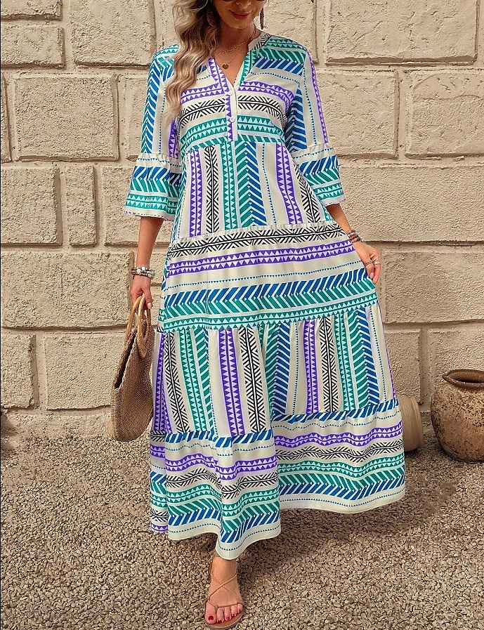 Dame Maxikjole Solkjole Kjole med A-linje Fit And Flare Dress Ferie Fritid Bohem utendørs Fest Ut på byen Normal Grafisk Geometrisk Stamme Ermeløs V-hals Rød Blå Grønn Sommer Vår 2025 - $36.99 –P8
