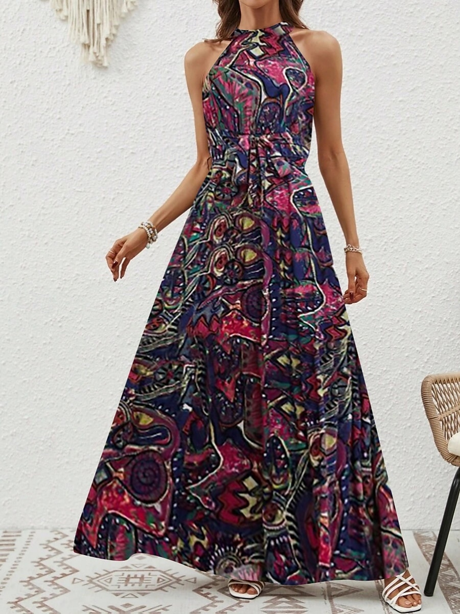 Dam Maxiklänning A linjeklänning Off Shoulder Klänning Semester Ledigt Boho Utomhus Utekväll Normal Grafisk Paisley Ärmlös Halterneck Blå Purpur Brun Aprikos Sommar 2025 - $29.99 –P15