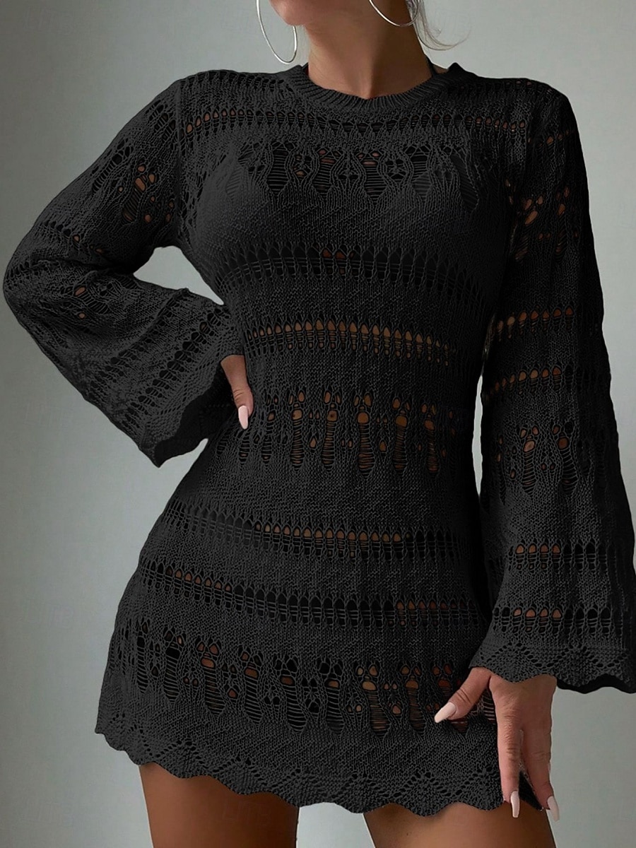 Damen Badeanzüge Cover-Up Badekleid Badeanzug Cut-Out Urlaub Strandmode Einfarbig Rundhals Langarm Badeanzüge 2025 - $29.99 –P6