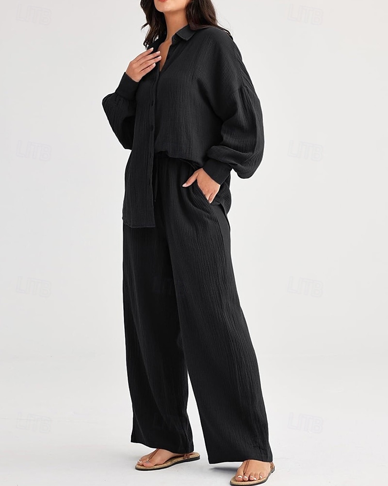 Dam Mode Streetwear Skjorta Tvådelade set Byxuppsättningar Långärmad Tröjkrage Ensfärgat Snörning Dagliga kläder Datum Svart Vin Armégrön Vår Normal 2025 - $38.99 –P20