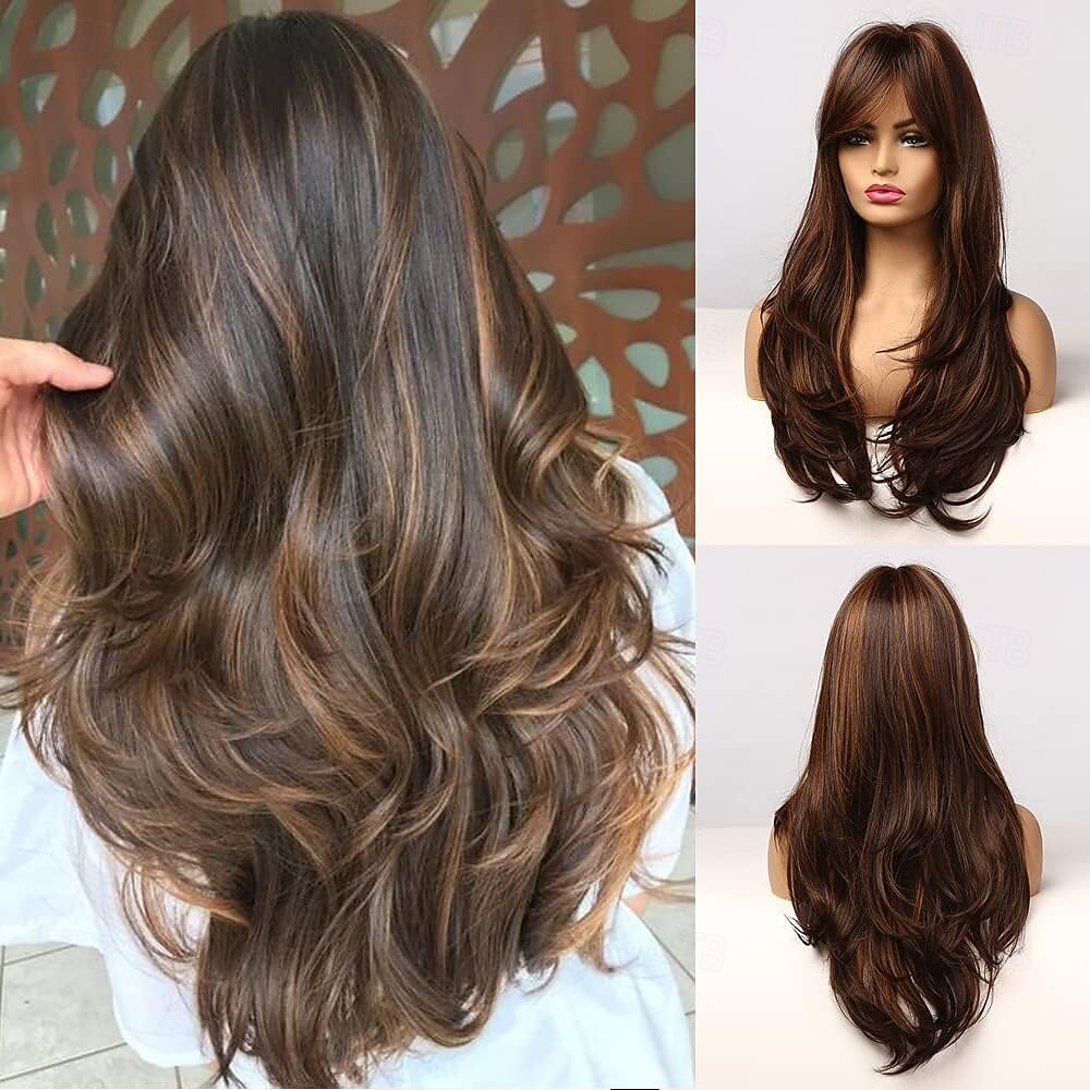 Parrucche castane ombré con frangia, lunghe e lisce, a strati, per donne, parrucche in capelli sintetici resistenti al calore del 2025 a $28.99 –P3