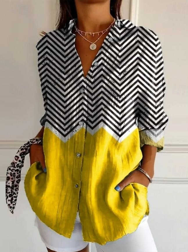 Women's Shirt Linen Like Breathable Lightweight Button Down Tunic Shirt Collar Long Sleeve Graphic Geometric Vintage Tropical Stylish Work Daily s Print Yellow Orange Khaki Spring Fall Winter 2026 - $37.99 –P1