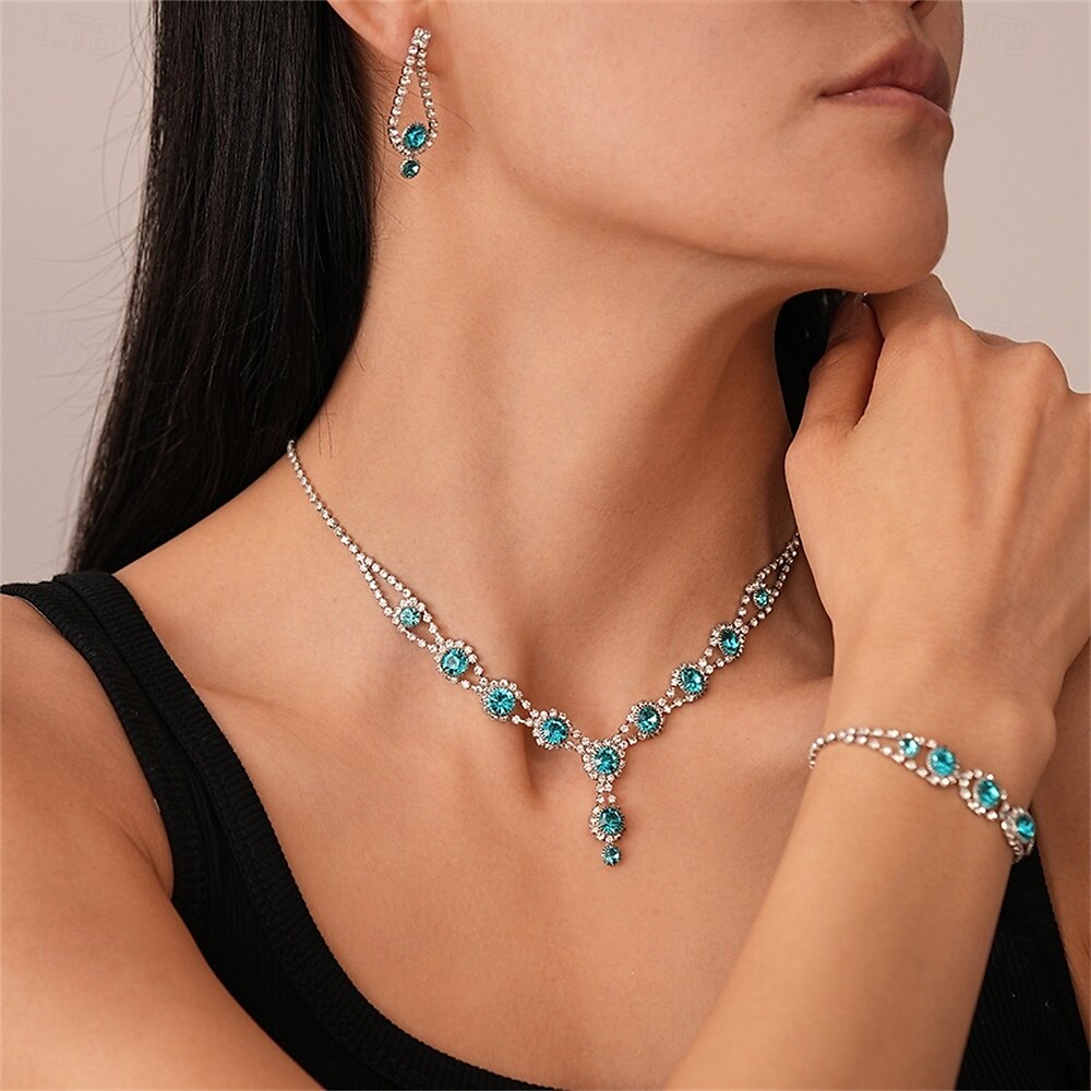 Set di Gioielli 3 Blu Zircone cubico Rame 1 Collana 1 Bracciale Orecchini Per donna Elegante Vintage Moda Stile Vintage Classico Geometrico Parure di gioielli Per Matrimonio Feste Occasione speciale del 2025 a $19.99 –P5