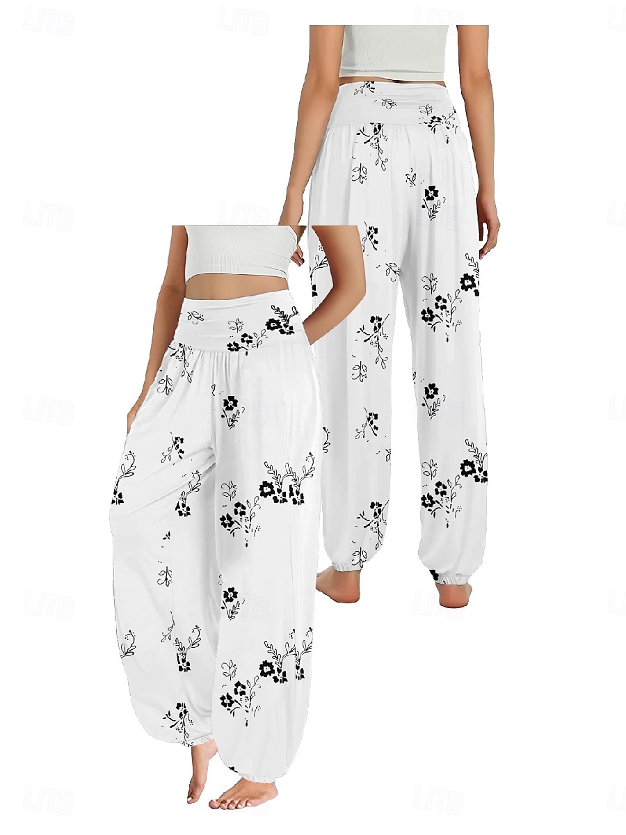 Dame Lin-inspirerte bukser Bred Bukseben Bukser Etnisk stil Fritid Bohem Full lengde Høy Midje Blomstret Blad Tropisk Lomme Elastisk midje Printer Pusteevne Myk Mikroelastisk utendørs Yoga- og 2025 - $21.99 –P10