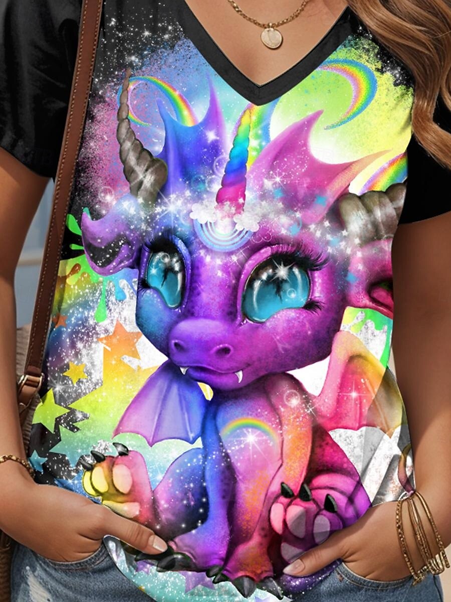 rainbow lil dragonz by sheena pike dame t-skjorte grafisk dyr vintage stilig klassisk kortermet v-hals vanlige topper daglig helg print svart sommer vår 2025 - $21.99 –P3
